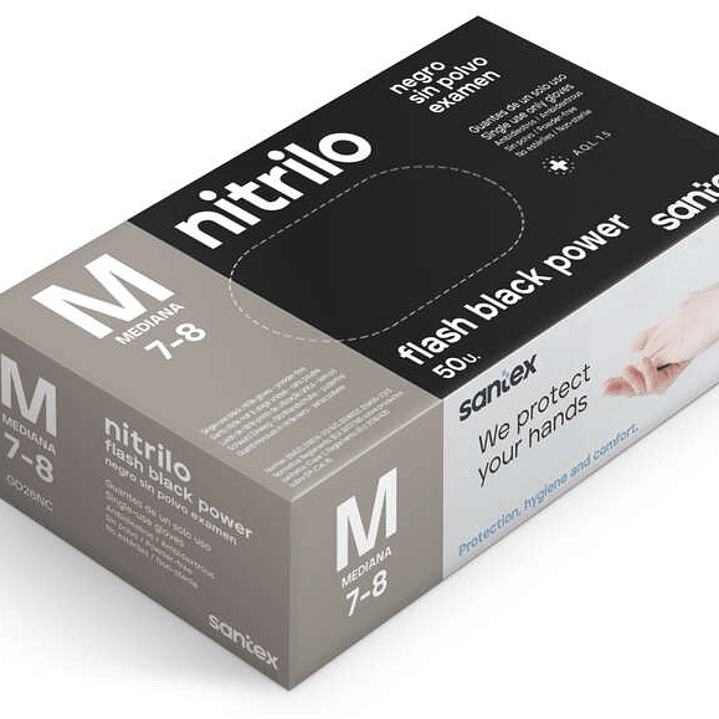 Santex Flash Black Power Pack de 50 Guantes de Nitrilo Talla M - Dibujo Diamante Texturizado - Sin Polvo - Libre de Latex - No Esteriles - Color Negro 1