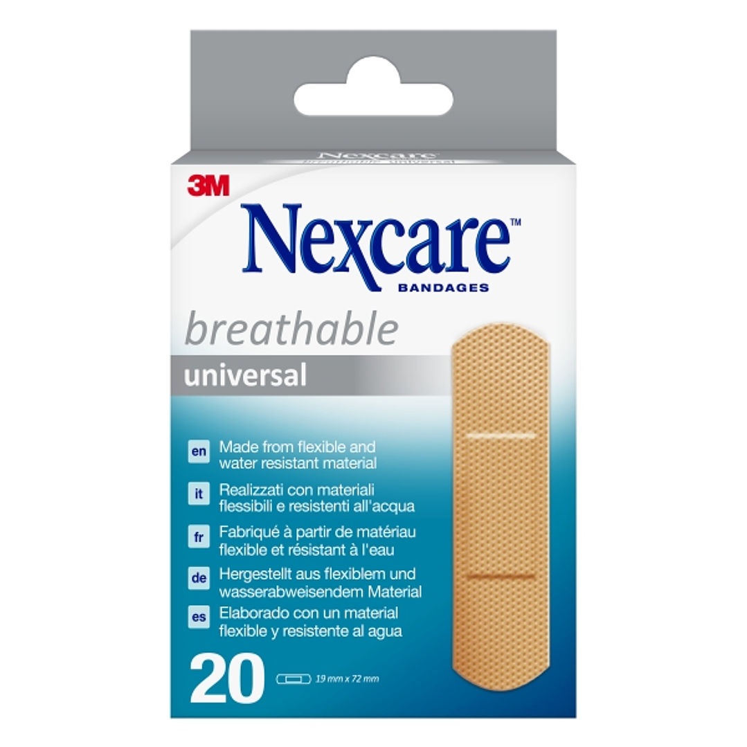 Nexcare Universal Breathable Pack de 20 Apositos para Heridas - 19x72mm - Transpirable - Resistente al Agua - Color Piel 1
