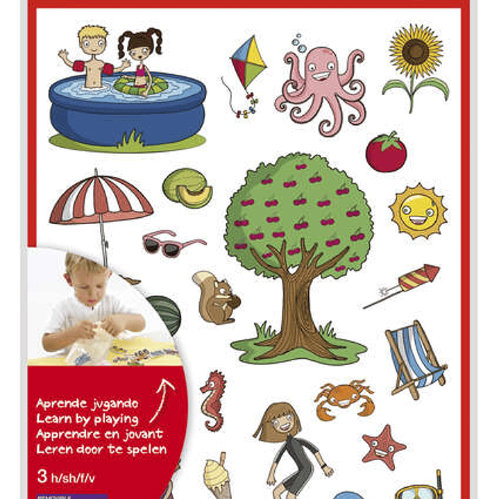 Apli Gomets Tematicos el Verano - 72 Gomets en 3 Hojas - Ilustraciones Educativas de Objetos y Animales Veraniegos - Adhesivo Removible - Adhesivo Bas 1