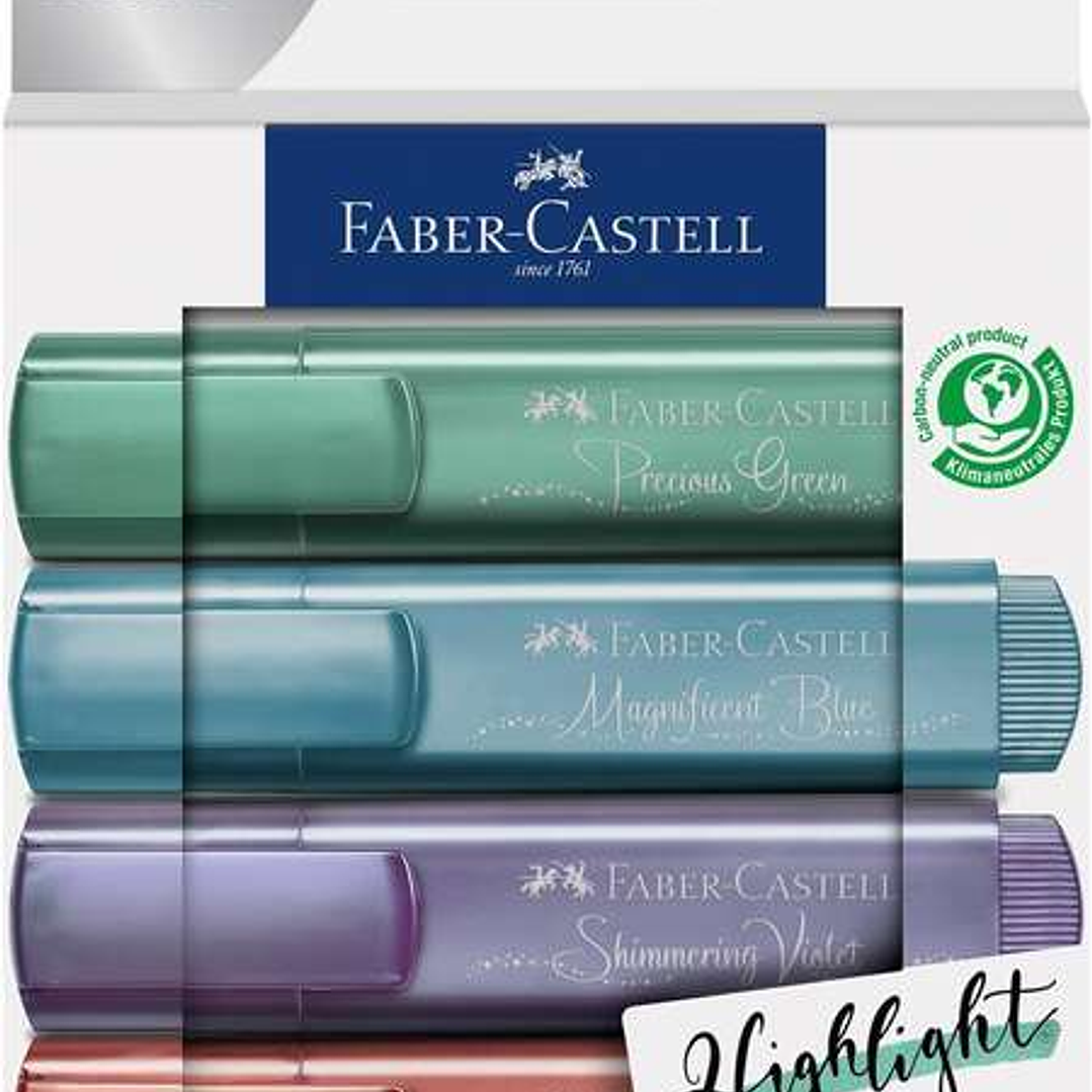 Faber-Castell Textliner 46 Metallic Pack de 4 Marcadores Fluorescentes - Punta Biselada - Trazo entre 1mm y 5mm - Tinta con Base de Agua - Colores Sur 1