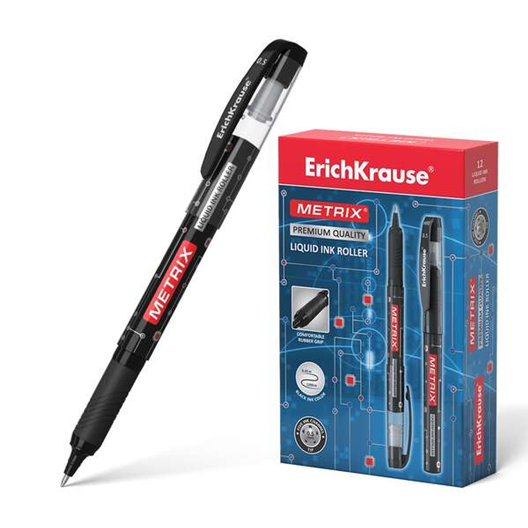 Erichkrause Metrix Boligrafo Tinta Gel - Punta 0.5mm - Agarre de Goma - Capuchon con Clip - Secado Rapido - Color Negro 1