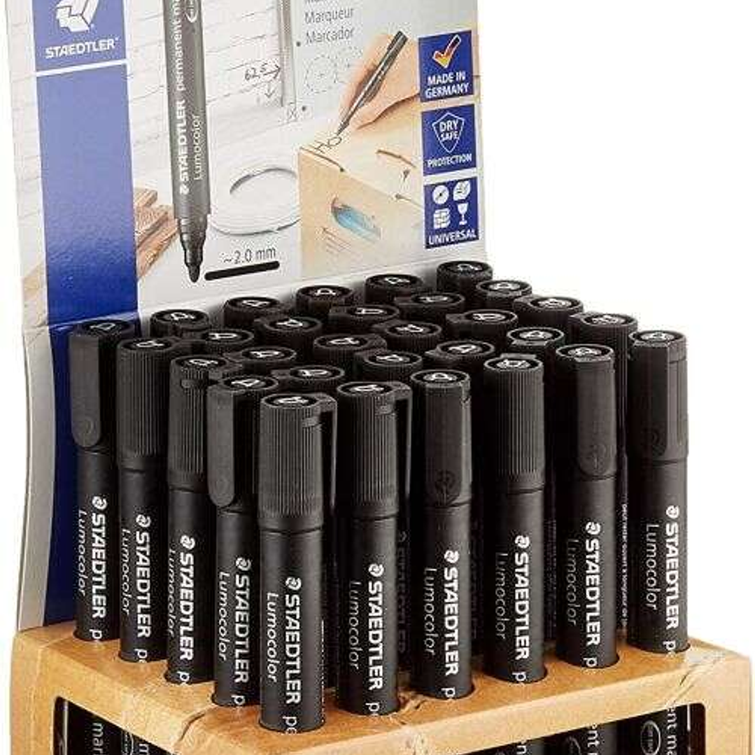 Staedtler Lumocolor 352 Expositor de 30 Rotuladores Permanentes - Punta Redonda - Trazo 2mm Aprox - Capuchon con Clip - Secado Rapido - Color Negro 1
