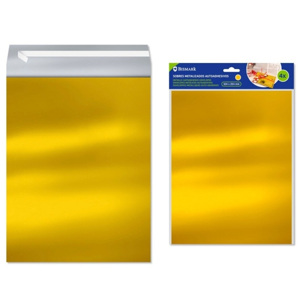 Bismark Pack de 4 Sobres Metalizados - Medidas 324x254mm - Cierre Autoadhesivo - Ideal para Regalos - Color Oro 1