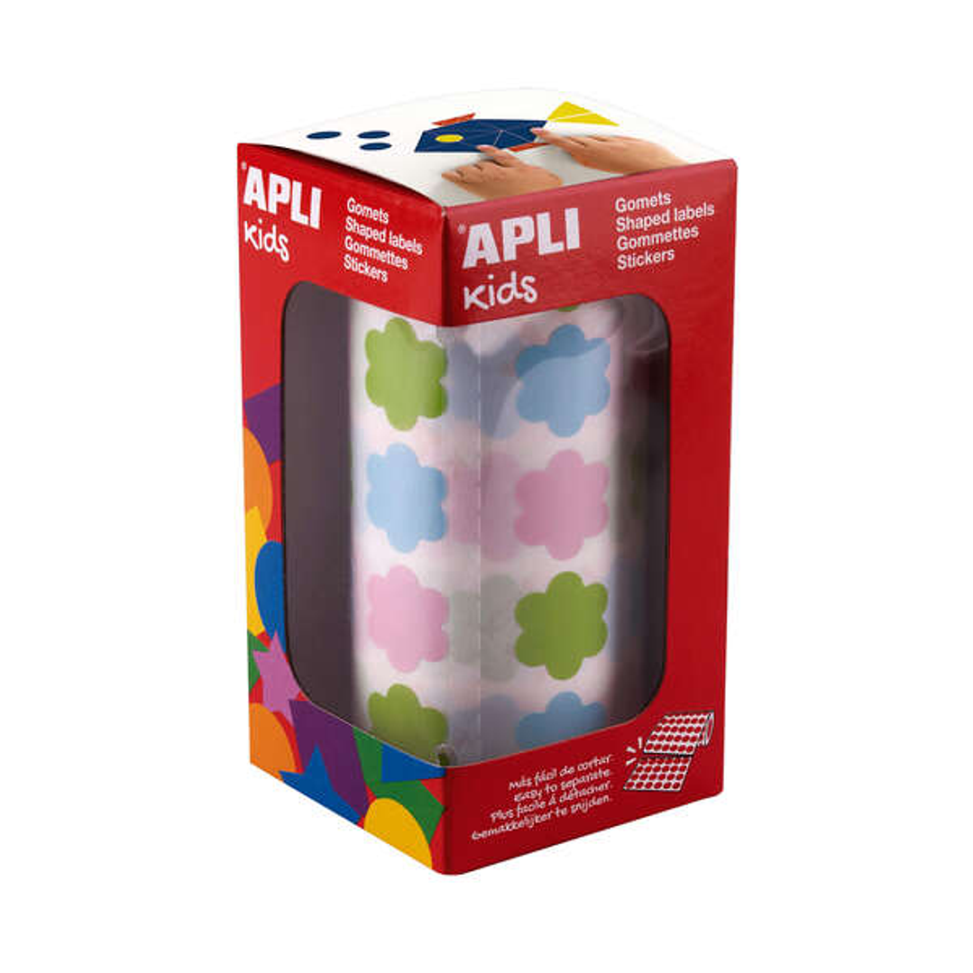 Apli Kids Rollo de 900 Gomets con Forma de Flor - Adhesivo Base Agua - Libre de Disolventes - Materiales 100% Reciclables - Colores Azul, Verde y Rosa 1