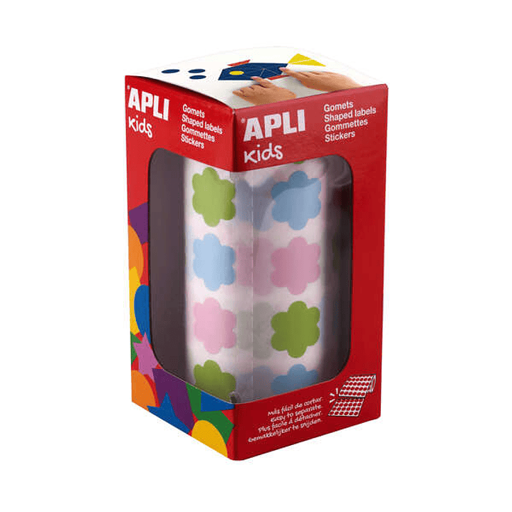 Apli Kids Rollo de 900 Gomets con Forma de Flor - Adhesivo Base Agua - Libre de Disolventes - Materiales 100% Reciclables - Colores Azul, Verde y Rosa 1