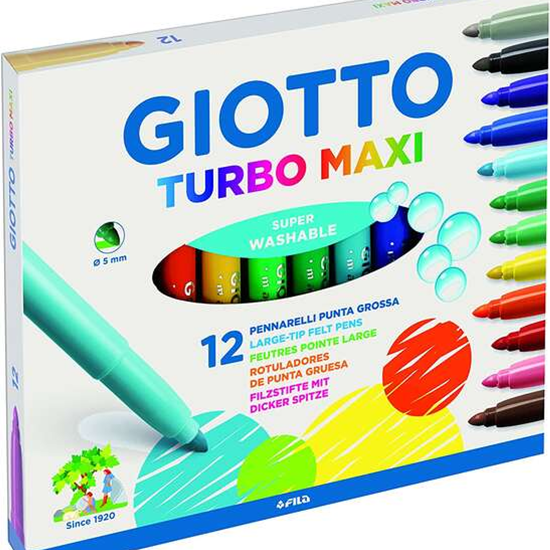 Giotto Turbo Maxi Pack de 12 Rotuladores - Punta Gruesa  5mm - Tinta al Agua - Lavable - Colores Surtidos 1
