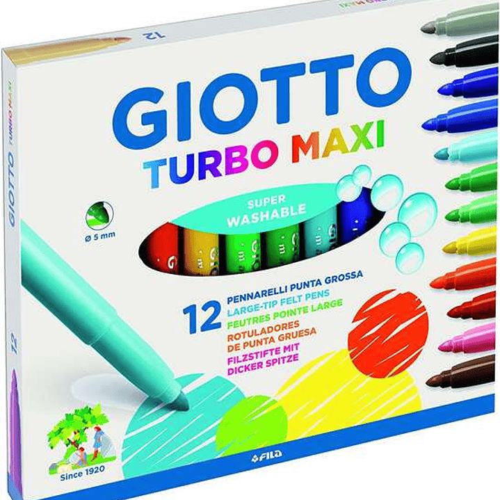 Giotto Turbo Maxi Pack de 12 Rotuladores - Punta Gruesa  5mm - Tinta al Agua - Lavable - Colores Surtidos 1