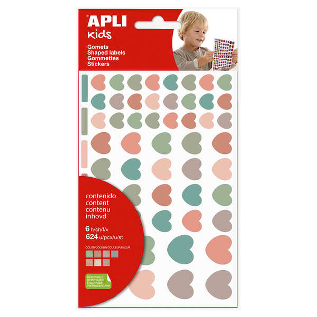 Apli Kids Bolsa de 624 Gomets Corazones Nordik - Adhesivo Removible - Tamaños y Colores Surtidos 1