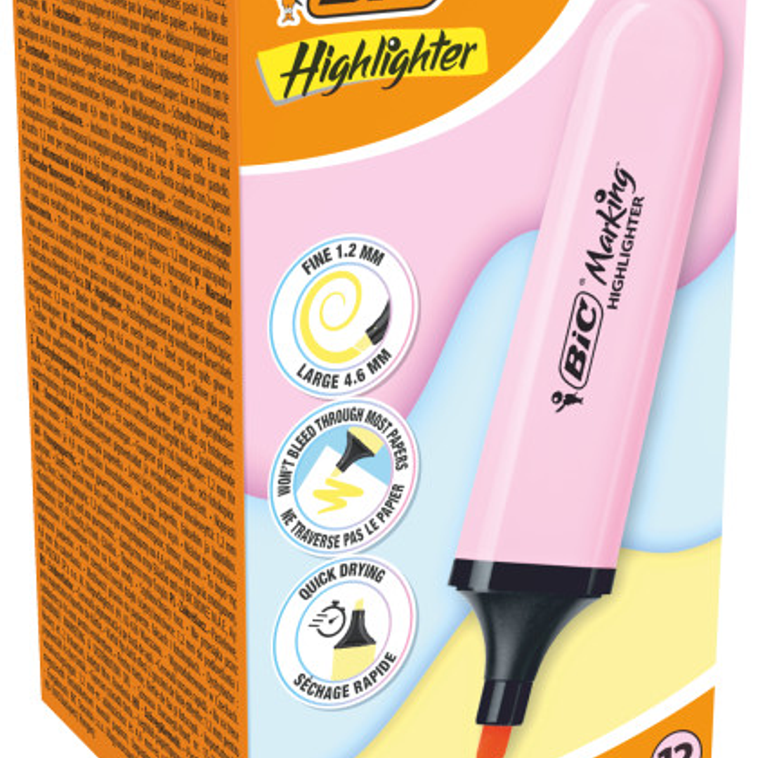 Bic Marking Highlighter Flat Marcador Fluorescente - Punta Biselada - Trazo entre 1.20 y 4.60 mm - Tinta con Base de Agua - Color Rosa Pastel 1