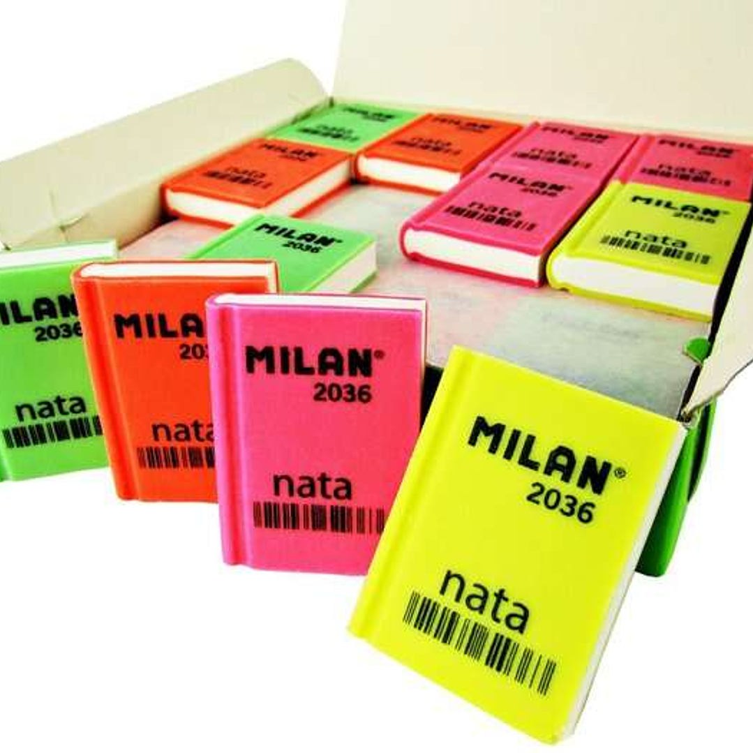 Milan Nata 2036 Goma de Borrar Rectangular - Plastico - Suave - Diseño Libro - Colores Fluorescentes Surtidos 1
