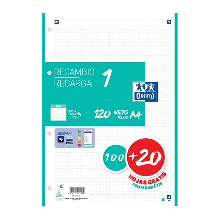 Oxford School Recambio A4 120 Hojas Cuadricula 5x5mm - 4 Taladros - Banda de Color Ice Mint 1