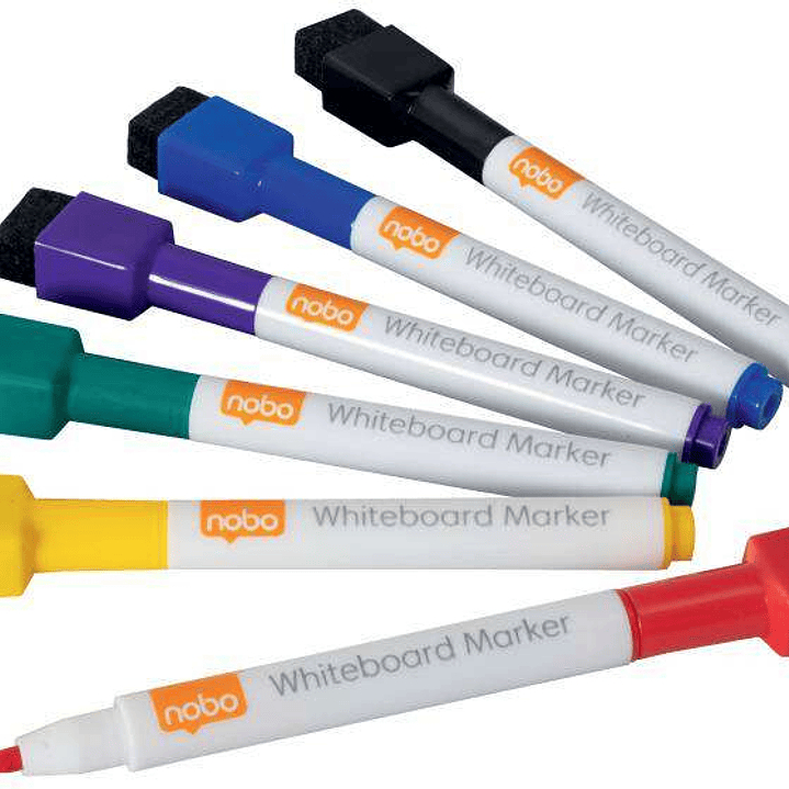 Nobo Mini Rotulador Pizarra Blanca con Tapa Borrador Magnetica - 6 Colores Surtidos - Punta Fina 2mm - Destaca en Pizarras Blancas 1