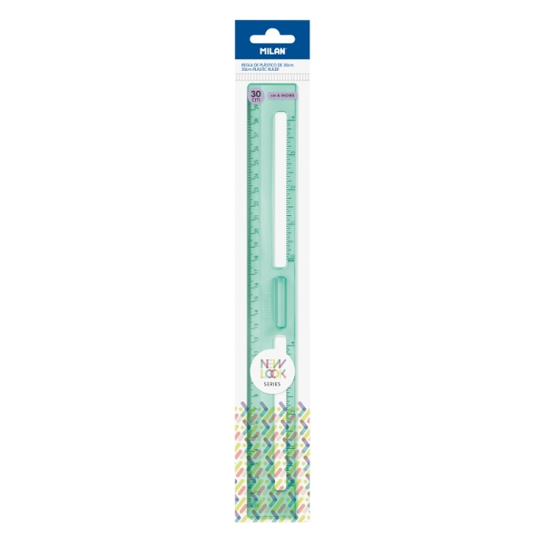 Milan New Look Regla de 30cm - Plastico Rigido - Transparente - Centimetros y Pulgadas - Color Verde 1
