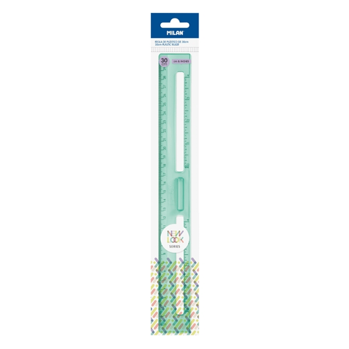 Milan New Look Regla de 30cm - Plastico Rigido - Transparente - Centimetros y Pulgadas - Color Verde 1