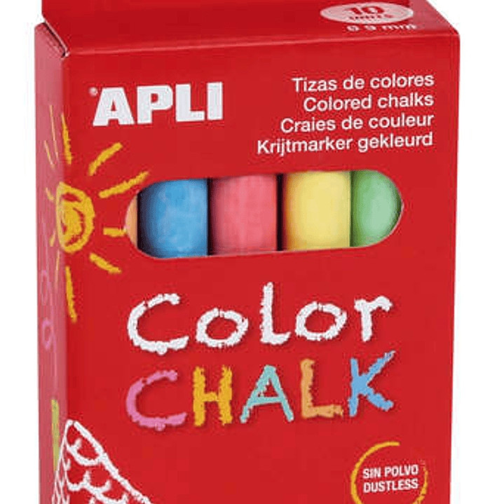 Apli Tizas Redondas de Colores Surtidos - Pack de 10 Tizas de Ø 9 x 80mm - sin Polvo - Ideales para Escribir, Dibujar y Colorear en Pizarras y Pavimen 1