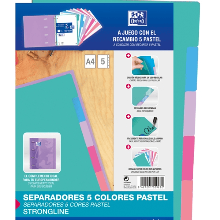 Oxford Strongline A4 Separadores 5 Posiciones - 4 Taladros - Cartulina 200gr - Colores Surtidos 1