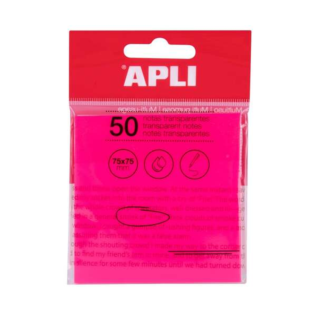 Apli Notas Adhesivas Transparentes Bloc 50 Hojas 75x75mm - Para Anotar sin Perder la Visibilidad del Texto o la Imagen - Resistentes al Agua - Color R 1