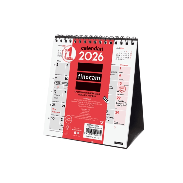 Finocam Calendario de Sobremesa en Catalan - Anual 2026 - 140x70x155mm - Espacio para Escribir - Color Blanco y Rojo 1