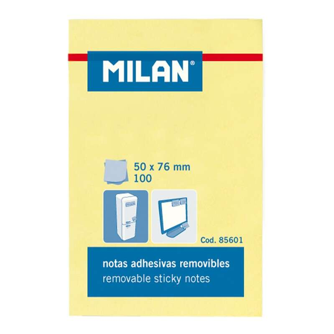 Milan Bloc de 100 Notas Adhesivas - Removibles - 50mm x 76mm - Color Amarillo Claro 1