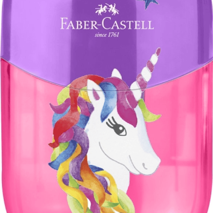 Faber-Castell Unicornio Sacapuntas de 2 Orificios con Deposito - Diseño Atractivo de Unicornio - Color Rosa/Violeta 1