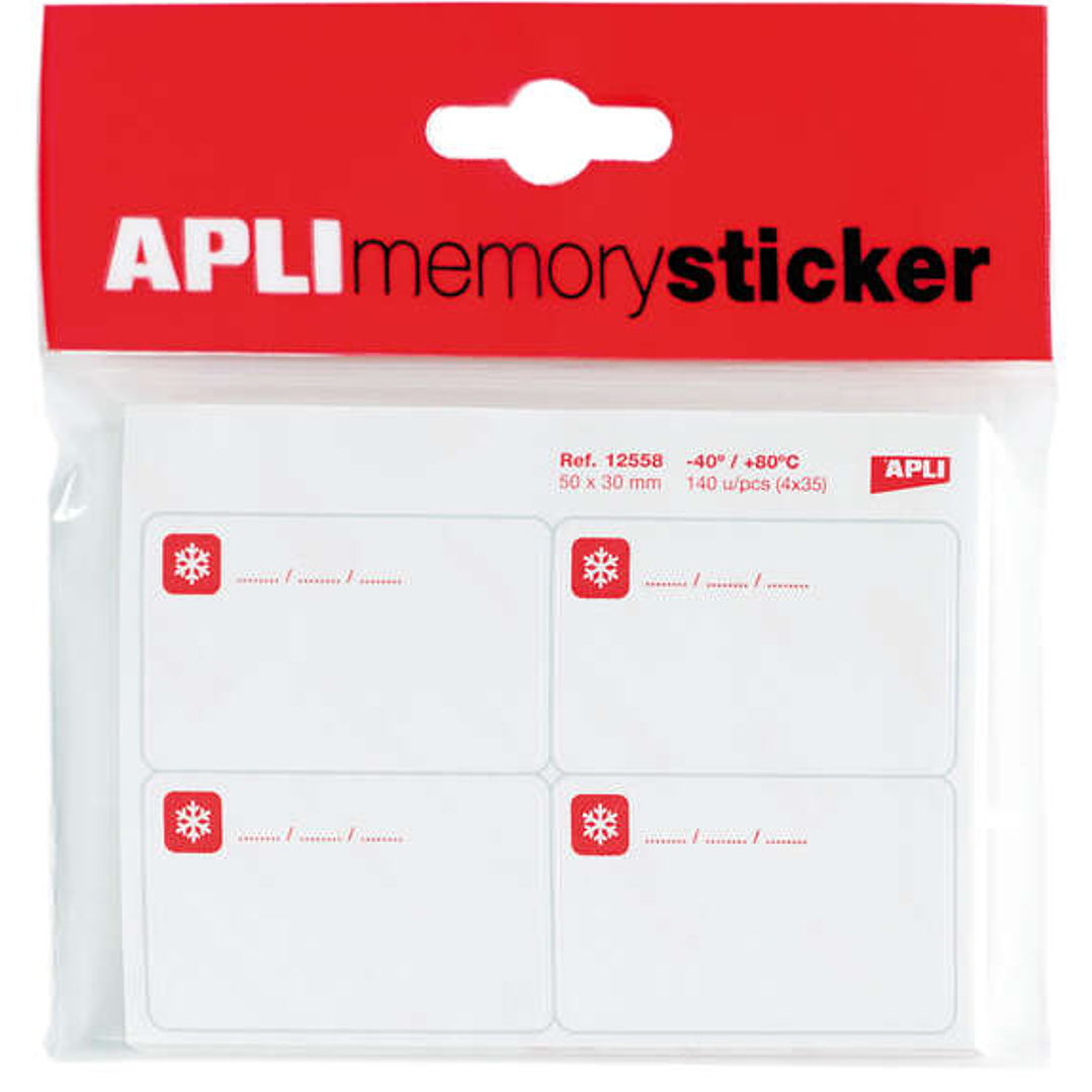 Apli Memory Sticker Pack de 140 Etiquetas Especial para Congelar 50x30mm - 35 Hojas x 4 Etiquetas - Cantos Romos - Adhesivo Removible Resistente hasta 1
