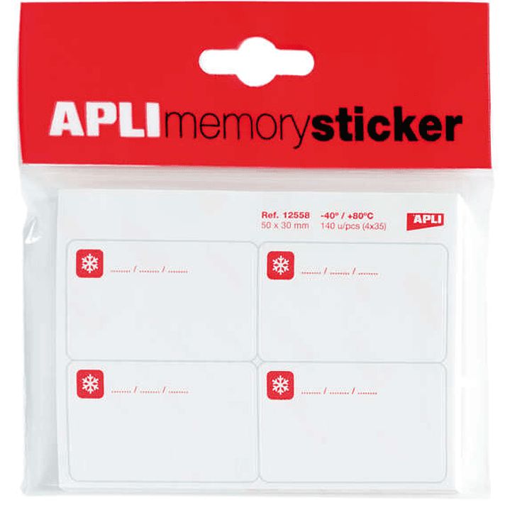 Apli Memory Sticker Pack de 140 Etiquetas Especial para Congelar 50x30mm - 35 Hojas x 4 Etiquetas - Cantos Romos - Adhesivo Removible Resistente hasta 1