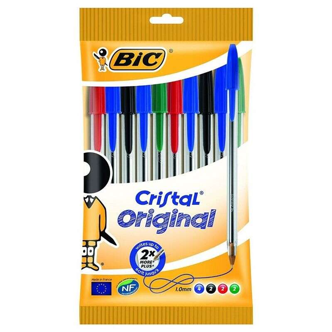 Bic Cristal Original Pack de 10 Boligrafos de Bola - Punta Redonda de 1.0mm - Trazo 0.4mm - Tinta con Base de Aceite - Colores Surtidos 1
