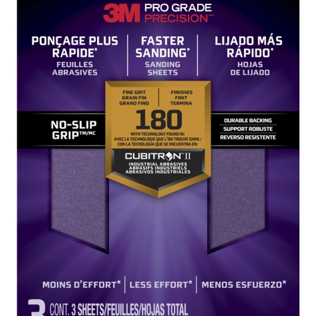 3M Pro Grade Precision Pack de 3 Hojas de Lijado - Grano 180 Fino - 22.8x27.9cm - Rendimiento Superior - Reduccion de Fatiga - Color Lavanda 1