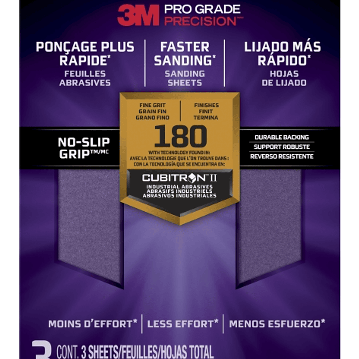 3M Pro Grade Precision Pack de 3 Hojas de Lijado - Grano 180 Fino - 22.8x27.9cm - Rendimiento Superior - Reduccion de Fatiga - Color Lavanda 1
