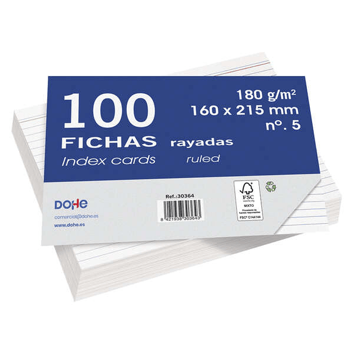 Dohe Fichas de Cartulina Offset Blanca de 180g - 100 Unidades - Rayadas 1