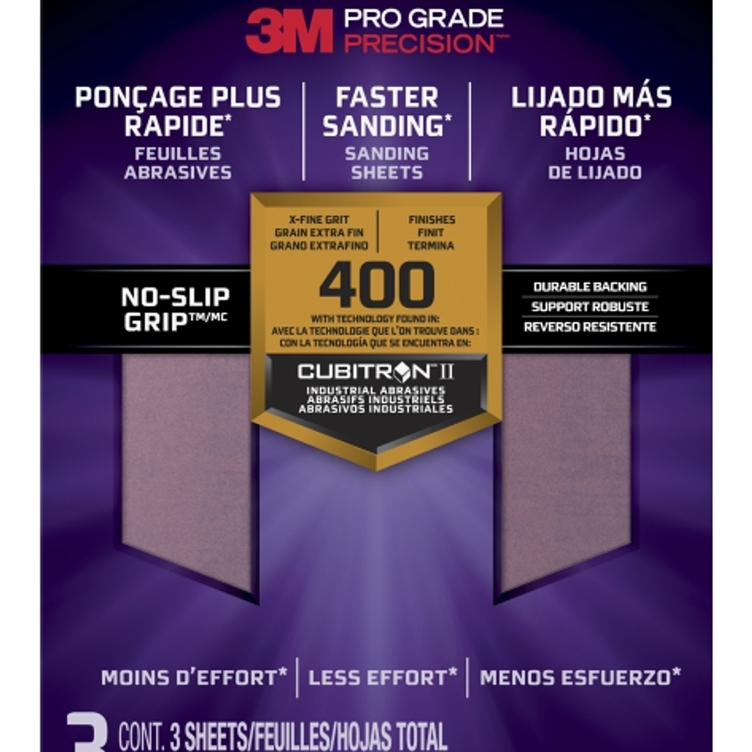 3M Pro Grade Precision Pack de 3 Hojas de Lijado - Grano 400 Extrafino - 22.8x27.9cm - Rendimiento Superior - Reduccion de Fatiga - Color Morado 1