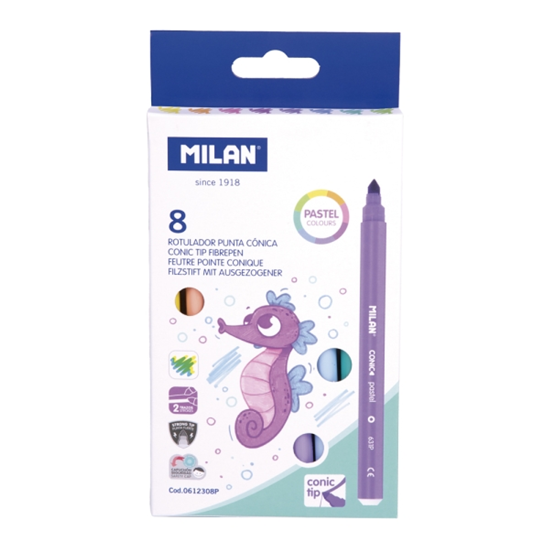 Milan Pack de 8 Rotuladores - Tinta al Agua - Punta Conica de 5mm - Colores Pastel Surtidos 1