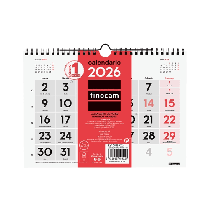 Finocam Calendario de Pared - Anual 2026 - 210x5x155mm - Numeros Grandes - Color Blanco y Rojo 1