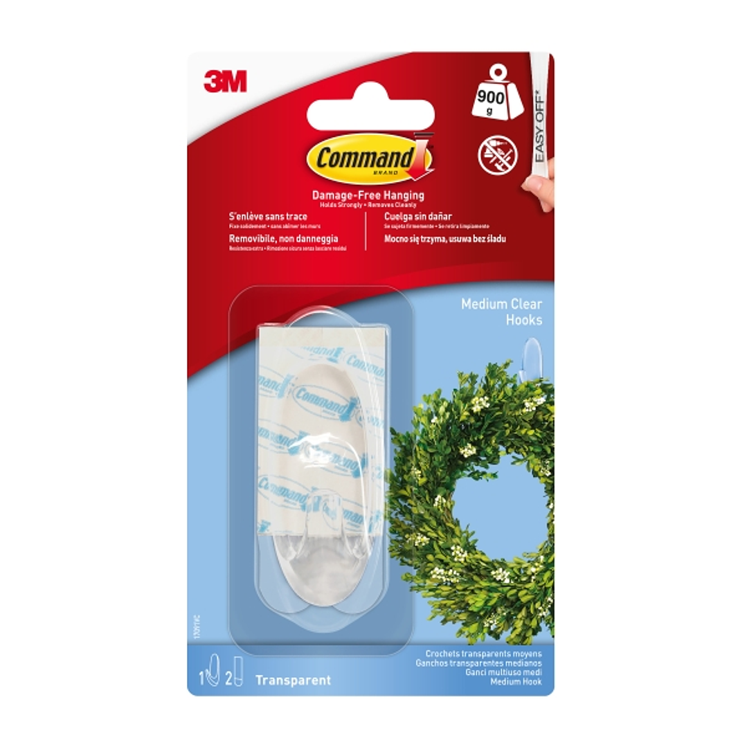 Command Gancho Mediano - 2 Tiras Adhesivas - Soporta hasta 0.9kg - Color Transparente 1