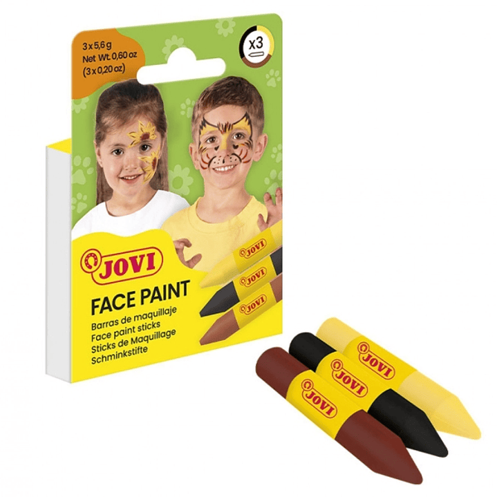 Jovi Face Paint Animal Pack de 3 Barras de Maquillaje - Para todo Tipo de Pieles - Se Limpia Facilmente - Colores Amarillo, Marron y Negro 1