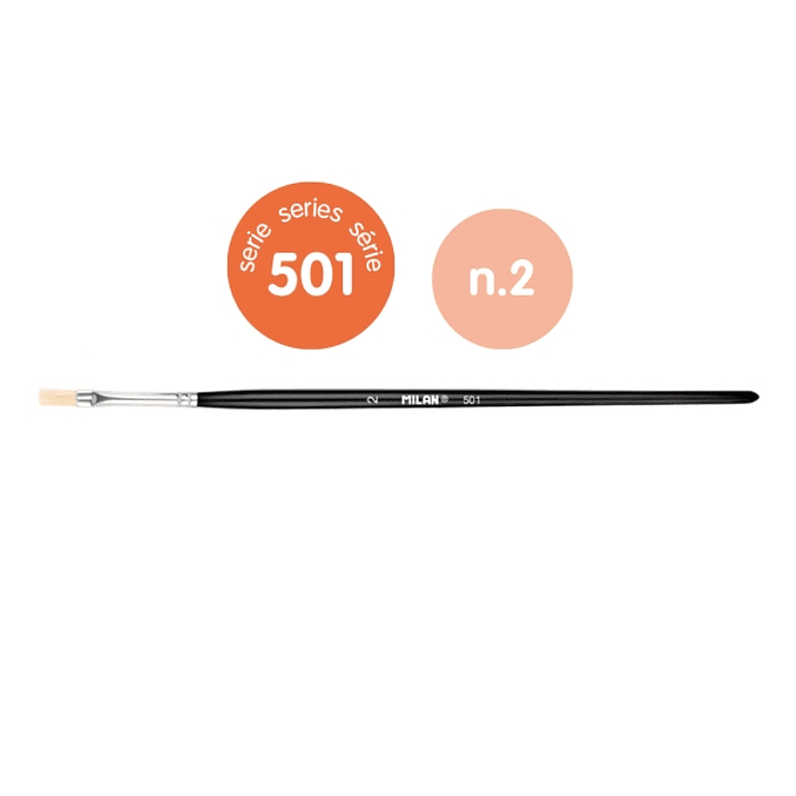 Milan 501 Pack de 6 Pinceles Planos Numero 2 - Bolsa con Colgador - Cerda Natural - Color Negro 1
