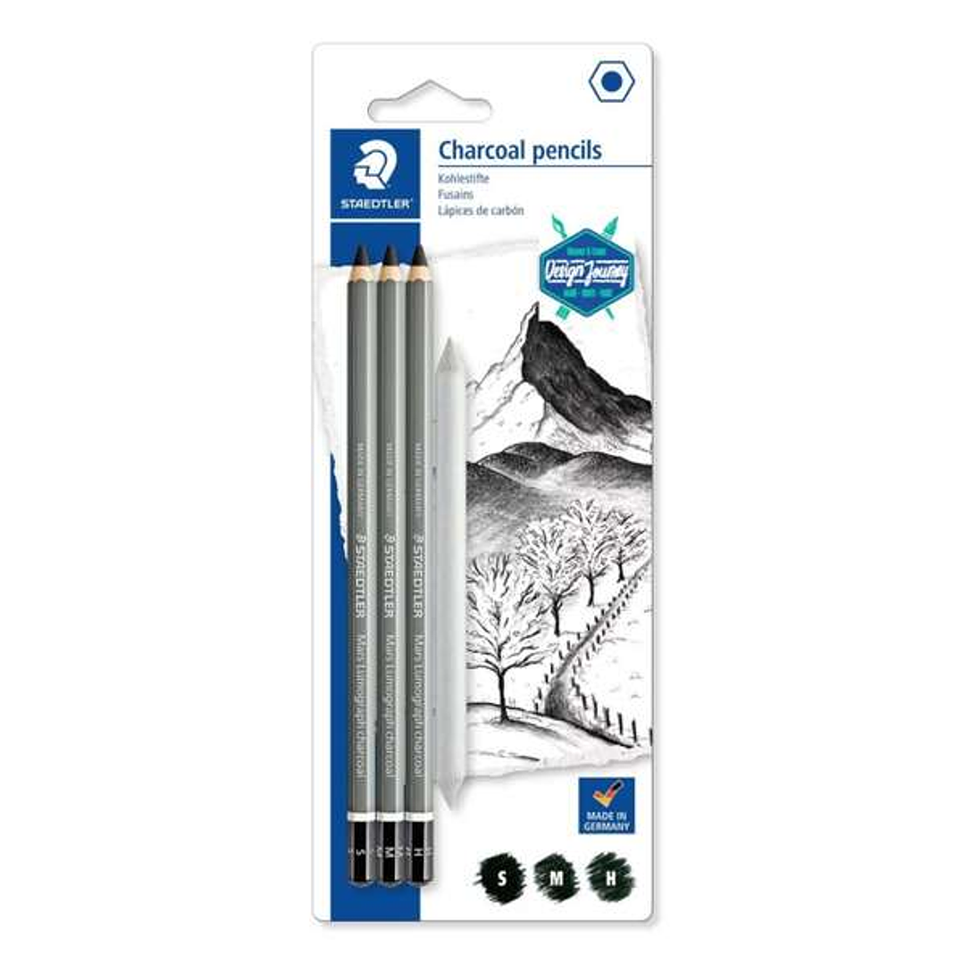 Staedtler Mars Lumograph Charcoal 100C Pack de 3 Lapices de Grafito + Difuminador - Alta Proporción de Carbon y Carboncillo - Graduaciones Surtidas 1