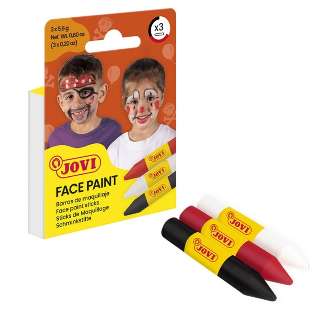 Jovi Face Paint Scary Pack de 3 Barras de Maquillaje - Para todo Tipo de Pieles - Se Limpia Facilmente - Colores Blanco, Rojo y Negro 1