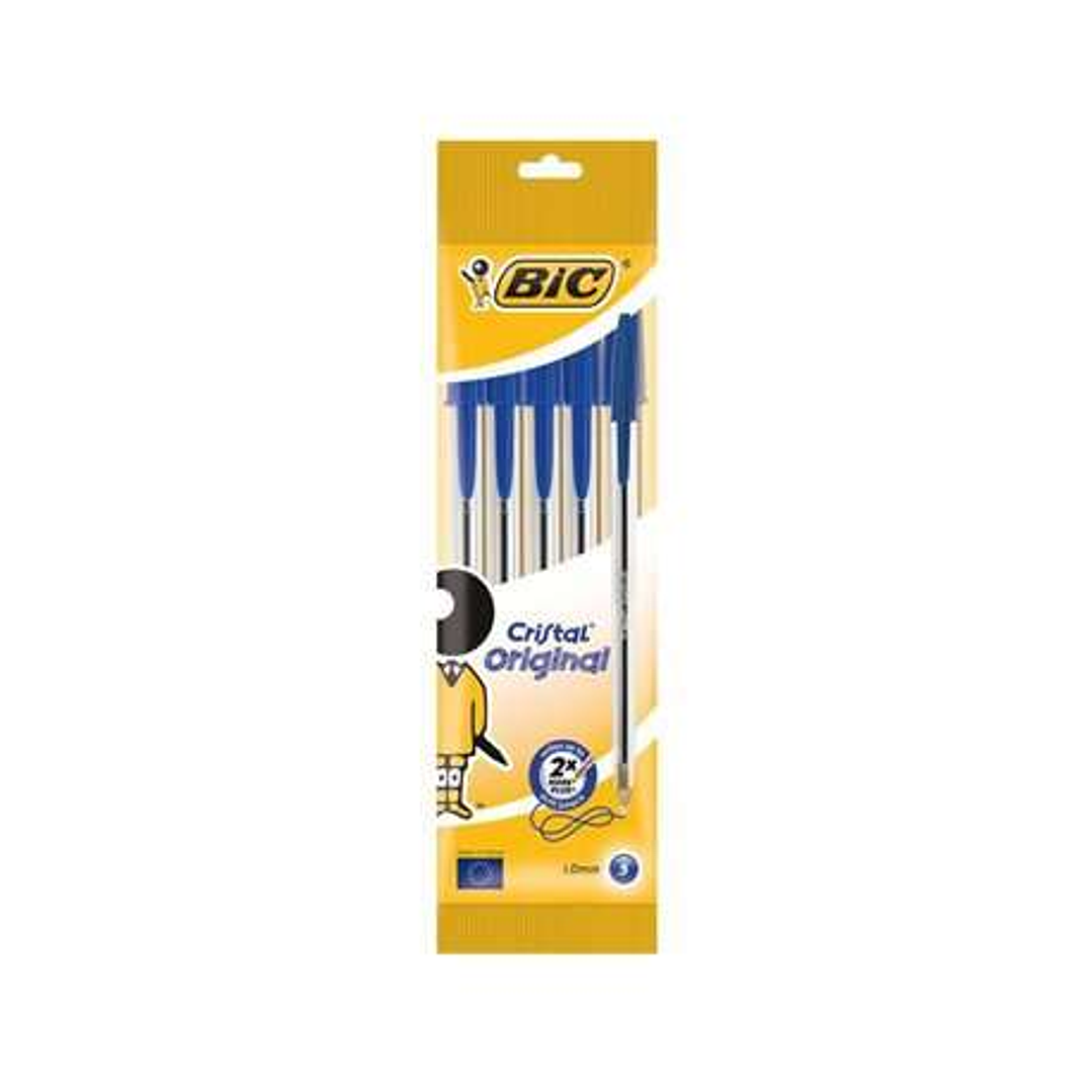 Bic Cristal Original Pack de 5 Boligrafos de Bola - Punta Redonda de 1.0mm - Trazo 0.4mm - Tinta con Base de Aceite - Color Azul 1