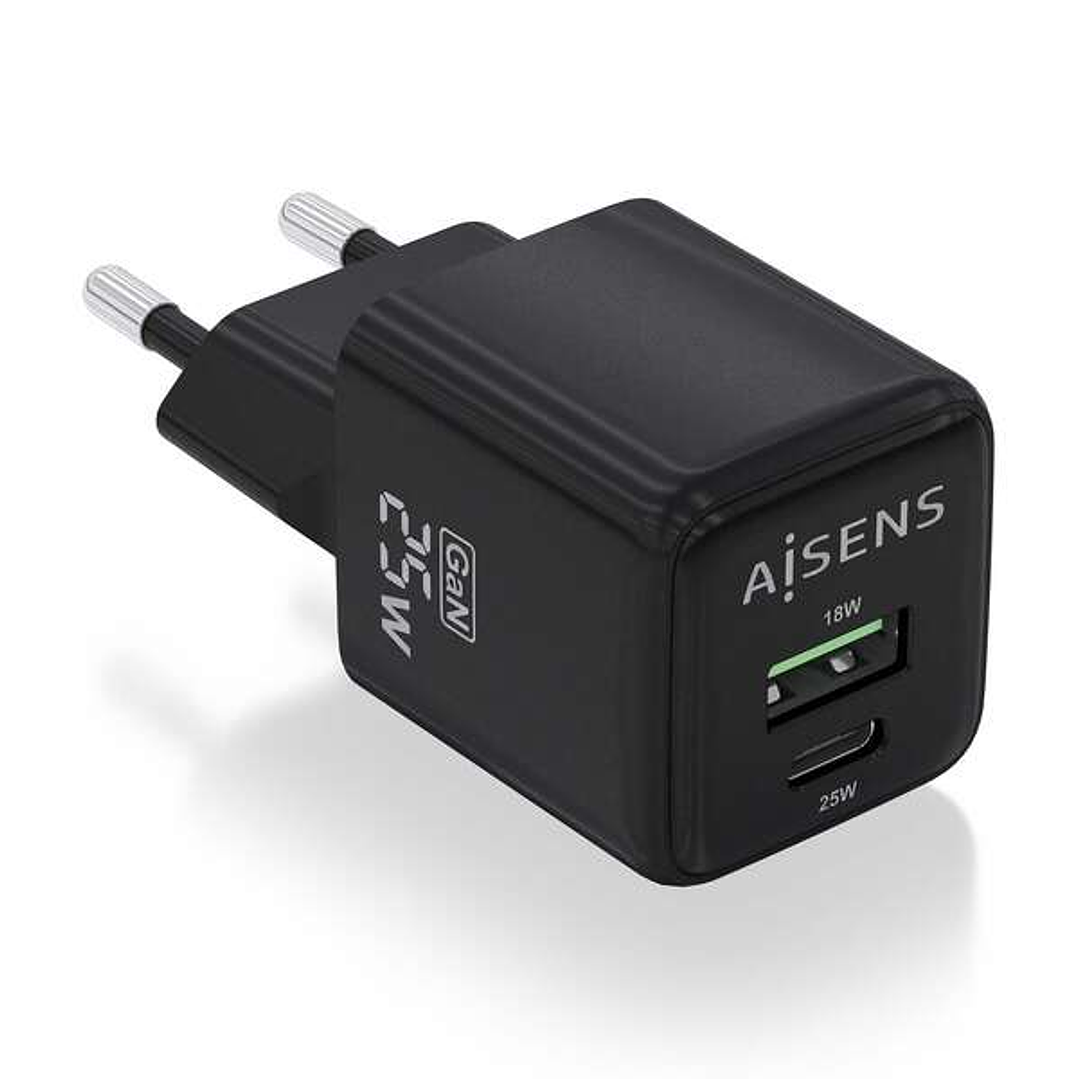 Aisens Cargador Gan 25W - 1xUSB-C PD3.0 QC4.0 - 1xUSB-A QC3.0 - Color Negro 1
