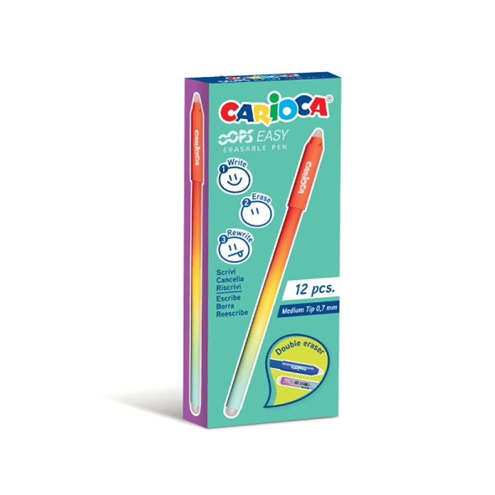 Carioca Oops Easy Boligrafo Borrable con Punta de Ø 0.7mm - Tinta Termo Sensible - Cuerpo con Efecto Degradado - Doble Goma - Color Rojo 1