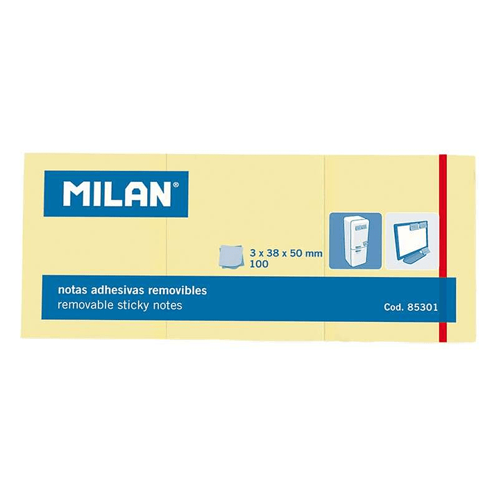 Milan Pack de 3 Blocs de 100 Notas Adhesivas Removibles - Tamaño 38x50mm - Color Amarillo Claro 1