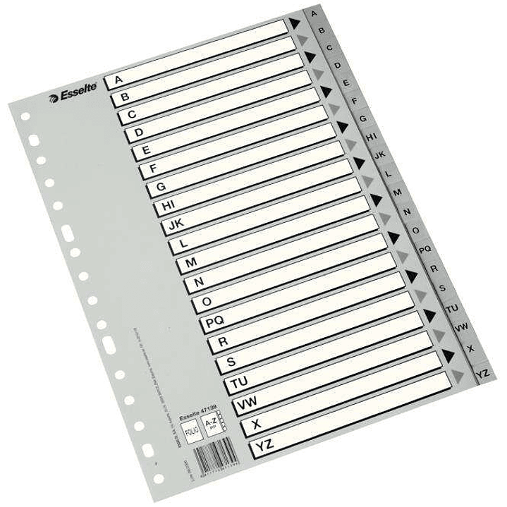 Esselte Indice Abecedario de Plastico con Caratula Indice A4 - Tipo A-Z - Cartulina Indice: Carton Blanco y Negro Gris - Color Gris 1
