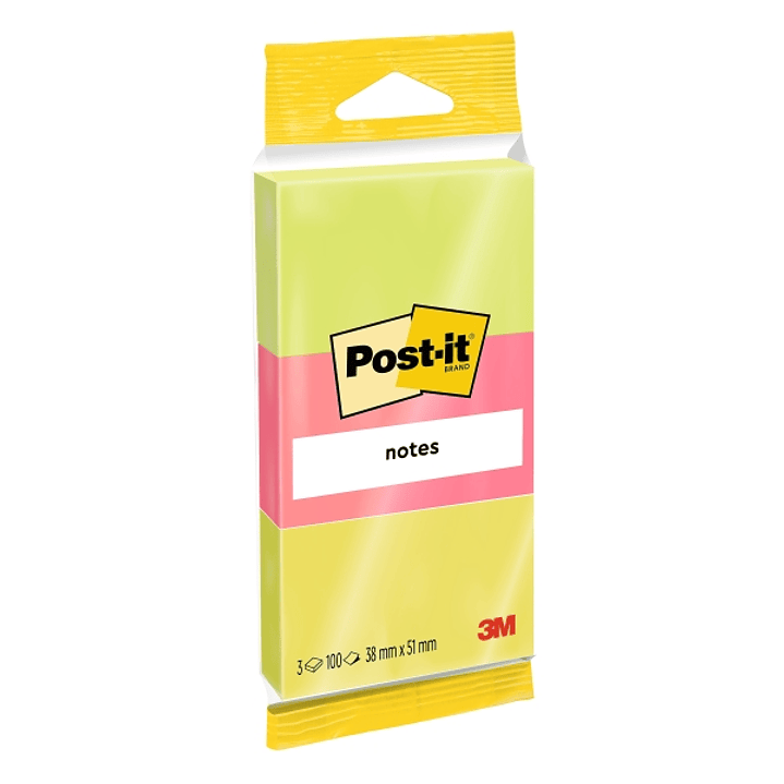 Post-It Pack de 3 Blocs de 100 Notas Adhesivas Reposicionables - Forma Rectangular - 38x51mm - Colores Surtidos 1