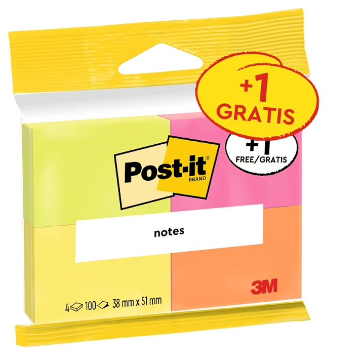 Post-It Pack de 4 Blocs de 100 Notas Adhesivas Reposicionables - Colores Neon - 38x51mm - Promocion 3 Blocs + 1 Gratis - Colores Surtidos 1