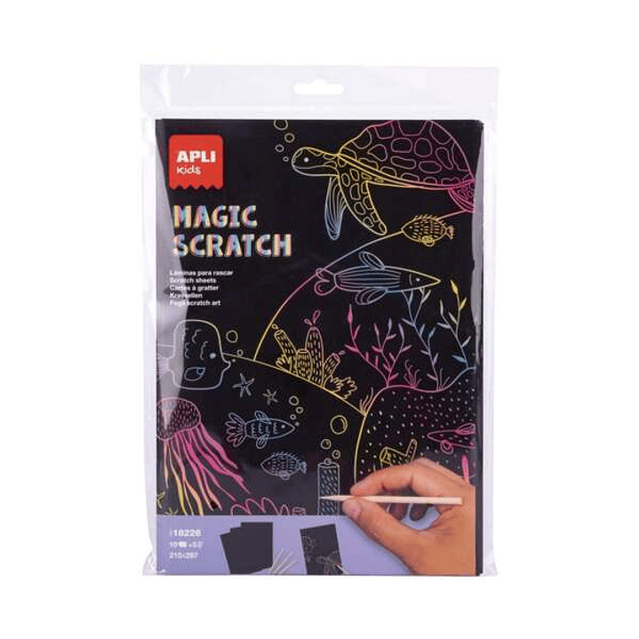 Apli Magic Scratch Laminas para Rascar - Tamaño A4 - 10 Hojas, 5 Herramientas - Distintos Colores de Fondo 1