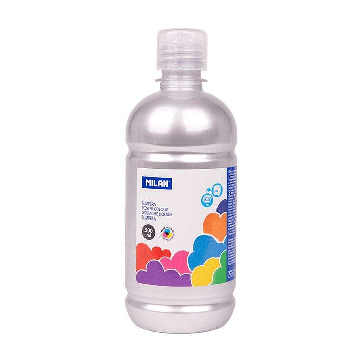 Milan Botella de Tempera 500ml - Tapon Dosificador - Secado Rapido - Mezclable - Color Plata 1