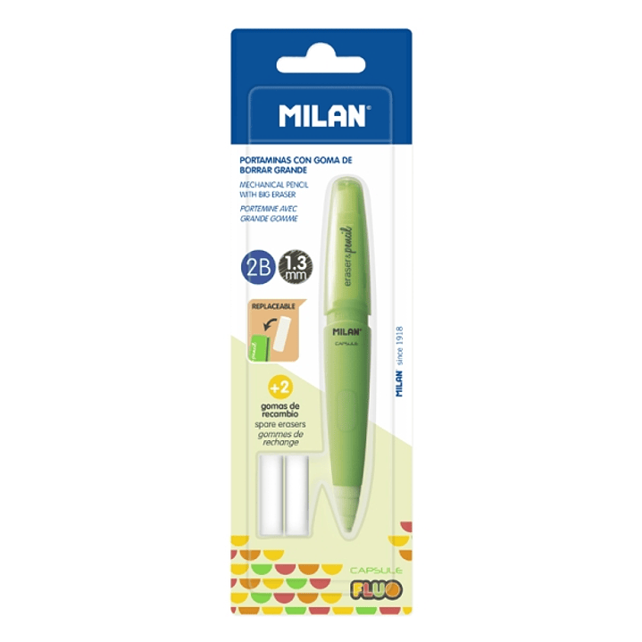 Milan Capsule Fluo Portaminas 1.3mm - Incluye 2 Gomas de Recambio - Colores Surtidos 1