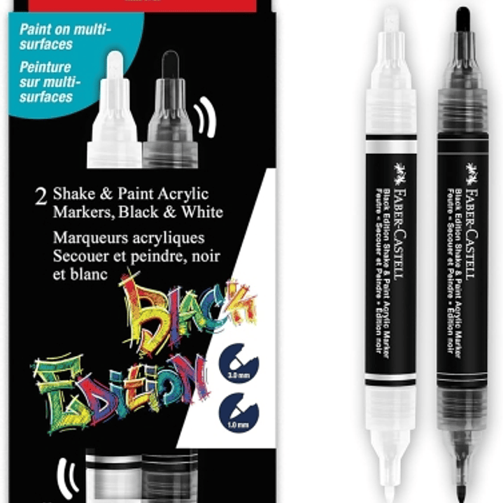Faber-Castell Shake & Paint Black Edition Pack de 2 Rotuladores Acrilicos Doble Punta - Puntas Redondas de 1mm y 3mm - Tinta Acrilica al Agua - Colore 1