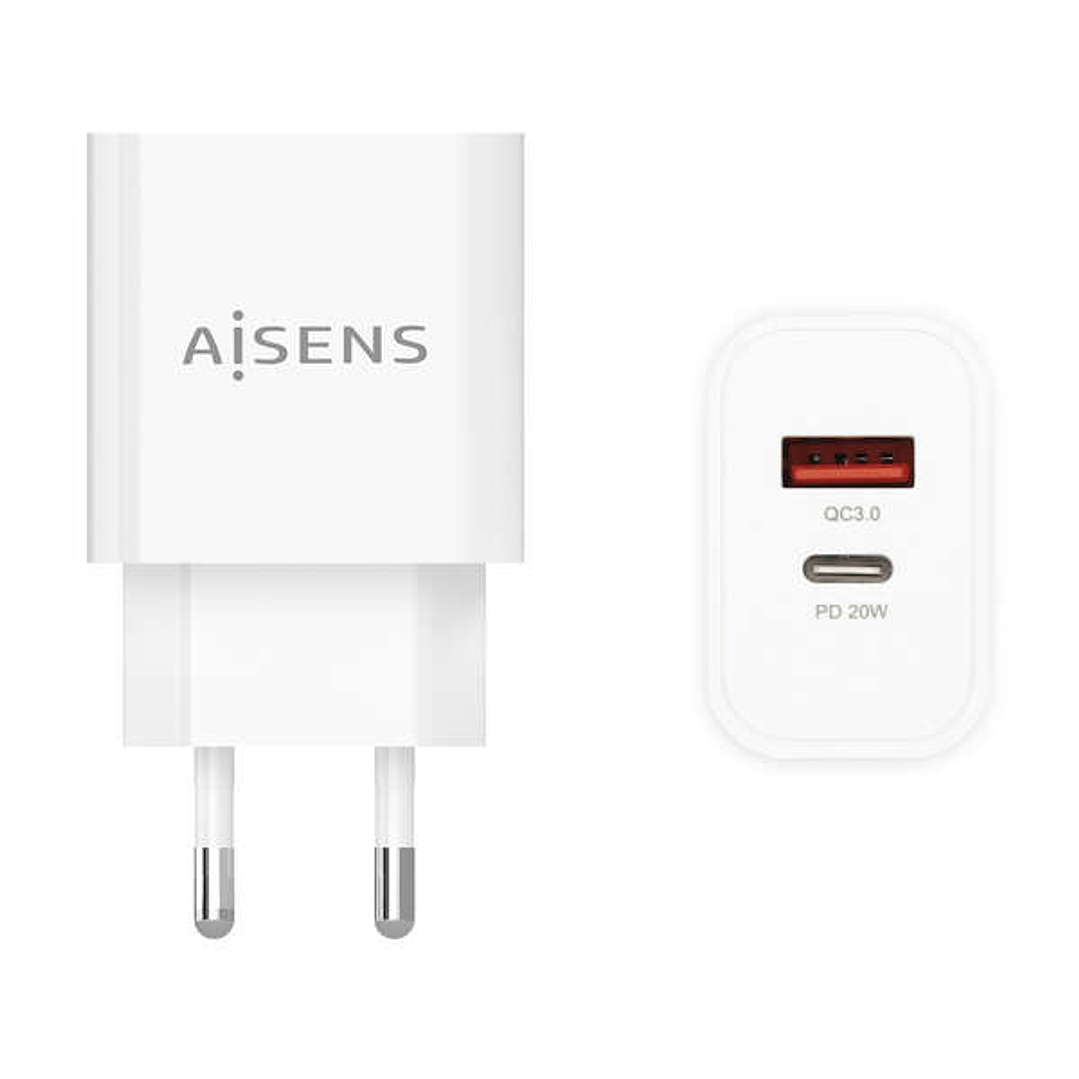 Aisens Cargador 20W - 1xUSB-C PD3.0 - 1xUSB-A QC3.0 - Color Blanco 1